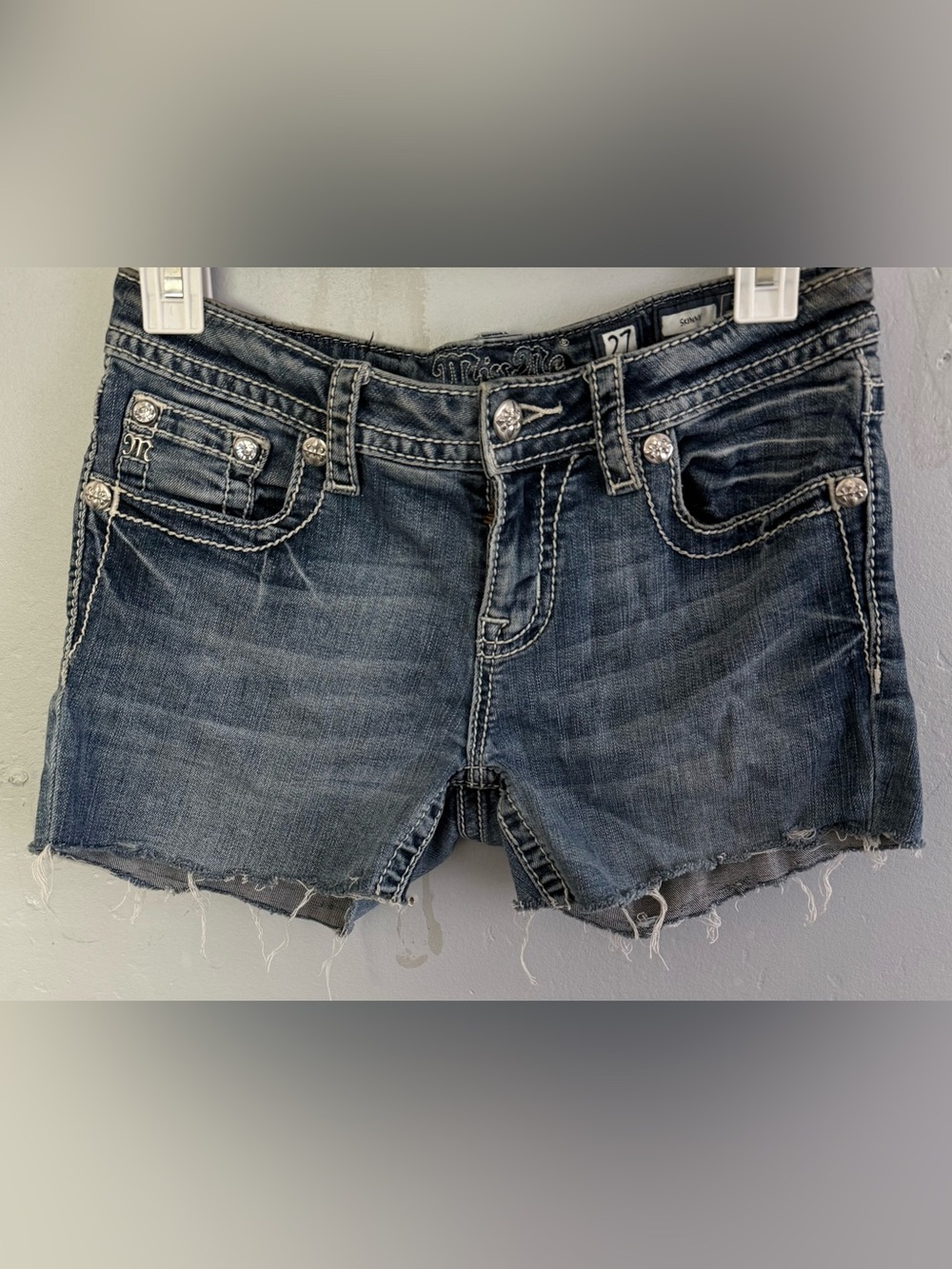 Miss Me Dark Wash Denim Cutoff Shorts with Embellished Pockets